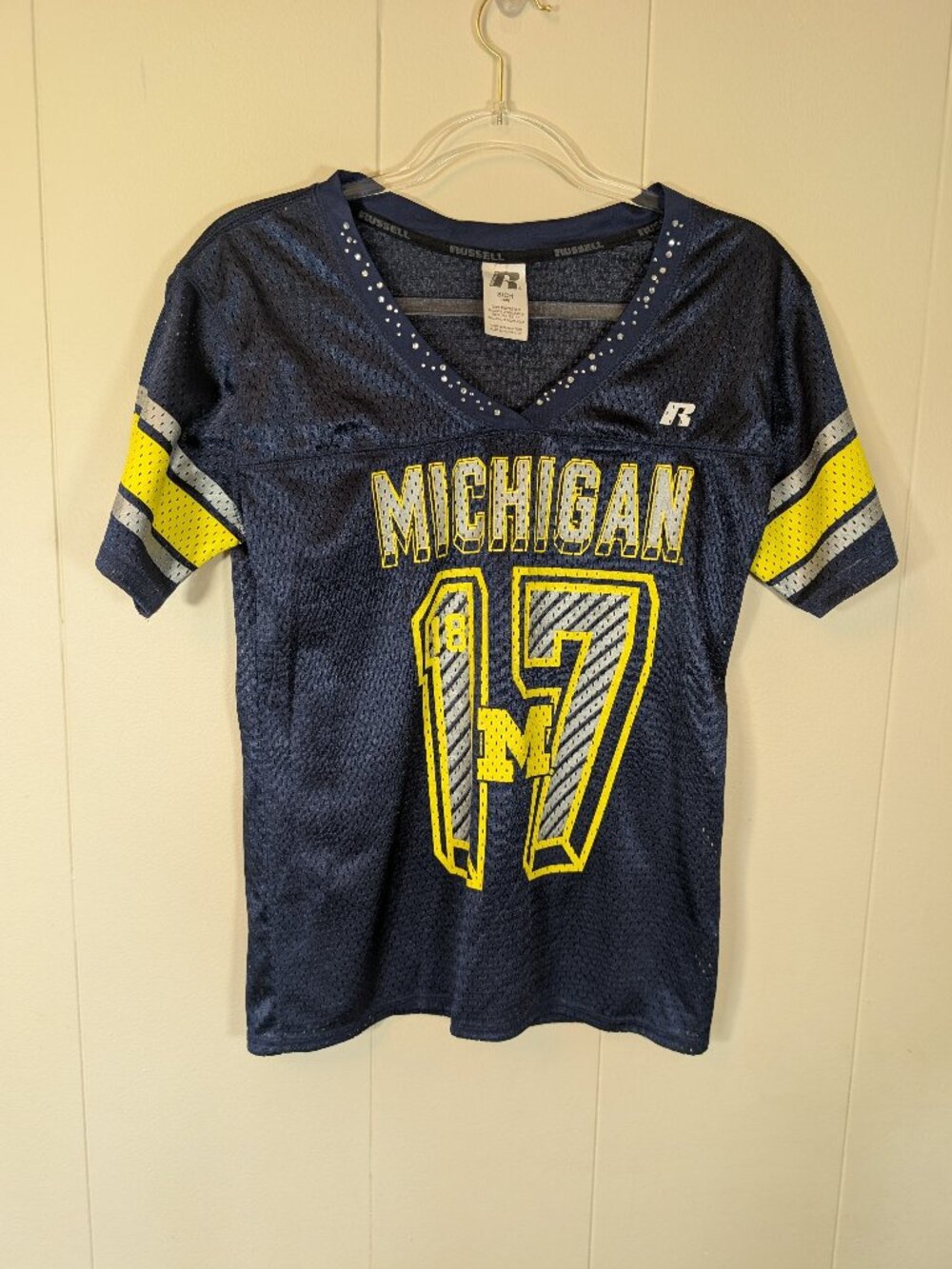 MICHIGAN Wolverines Football Jersey Women's S Rhinestone Russell Navy Maize 97